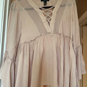 Forever 21 Tan Ruffled Tie Front 3/4 Sleeve Blouse